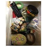 Tote w/ trinket boxes/ glass/ wood house and