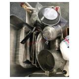 Box lot with baking pans/ sifter/ misc. kitchen