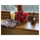 Candle, flower, runner and metal cage