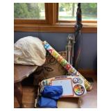 Box lot of tripod, umbrella and more