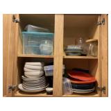 Contents of cabinets. Dishwater, Tupperware and