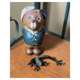 Wooden bear and glass frog