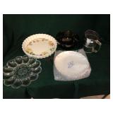 Lot of flour sifter, glass bowl, egg server, and