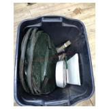 Box lot of tools, leaf bag, and more