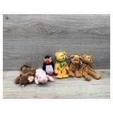 6 different medium size animal beanie baby