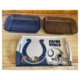 1 blue 1 purple Pyrex casserole dish and colts