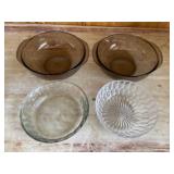 2 Pyrex mixing bowls and 2 unmarked candy bowls