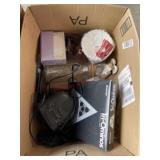 Box lot of triangle game, alarms clocks, jar and