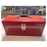 Red metal tool box with tray