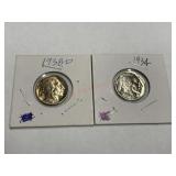 1934, 1938 Indian head nickels