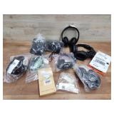 Box of headphones and miscellaneous items