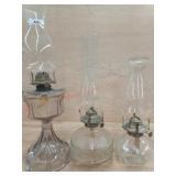 1 LOT - 3 - ASSORTED CLEAR GLASS OIL LAMPS