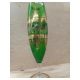 GREEN W/GOLD FILAGREE  VASE ON CLEAR GLASS