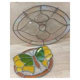 1 LOT - 2 PCS - LEADED GLASS HANGING ROUND DISC