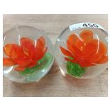 1 LOT - 2 PCS - CLEAR PAPERWEIGHTS W/ ORANGE