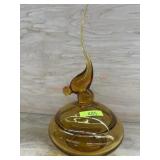 AMBER CANDY DISH WITH BIRD ON TOP