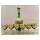 7 PC CORDIAL SET - GREEN,GOLD, FLORAL MOTIF