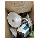 Box with light, Christmas tree stand, saw horse