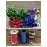 Box of assorted bows, curling ribbon, wine tags