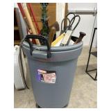 Blue trash can with extension poles, hoe auto