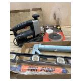 Box with Sears sabre saw, level, misc items