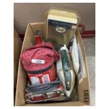 Box with dirt devil vacuum. iron and misc.