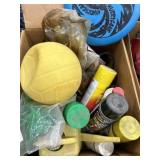 Box lot of house hold cleaners/ volley ball and