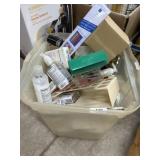 Tote of lamp, bathroom and personal use items