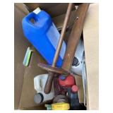 Box of partial cleaners, car fluids and wood