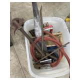 Tote with hose, pipe bender, hand saw and misc.