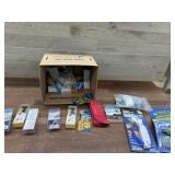 Box of assorted car chargers, bolts, screws,