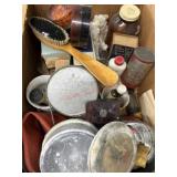 Box lot of old medicine bottles, tins and shaving