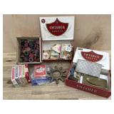 Box with old checkers/ cards/  Postage stamps and