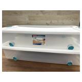 Two latching box storage containers w/wheels 56