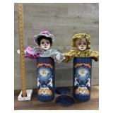 Two circus dolls with containers