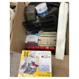 Box lot of office items, cd racks, file racks and