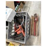 Crate  of small chain saw, mitre box, saw horse