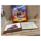 Framed Aladdin print, framed map, and Chevrolet
