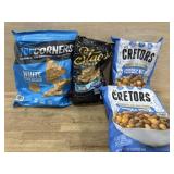 Popcorners. Pita chips. Cheese and caramel mix.