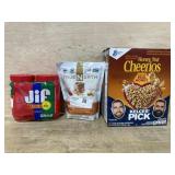 Jif. Almond pecan crunch. Honey Nut Cheerios