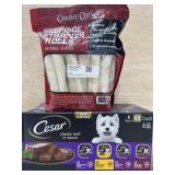 Cesar dog food and beefhide rolls
