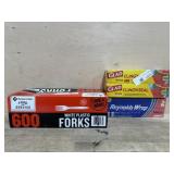 600 plastic forks. Cling wrap. Aluminum foil
