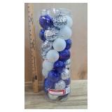 50- Shatterproof blue white and silver ornaments