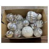 Box of silver and white large Christmas ornaments