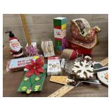 Box of Christmas ornaments, signs and decorations