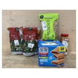 Crumbled bacon. Pistachios. Nutri grain bars.