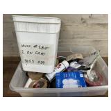 Tote with chain, tapes, light bulbs and misc.