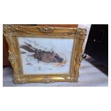 16x18 Watercolor Rabbits in snow in gold frame