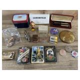 Flat of playing cards, watch coins and misc.