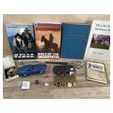 Flat of books, old grade cards, car, scissors and